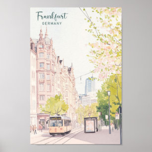Frankfurt Tyskland Gouache Art Illustration Travel Poster