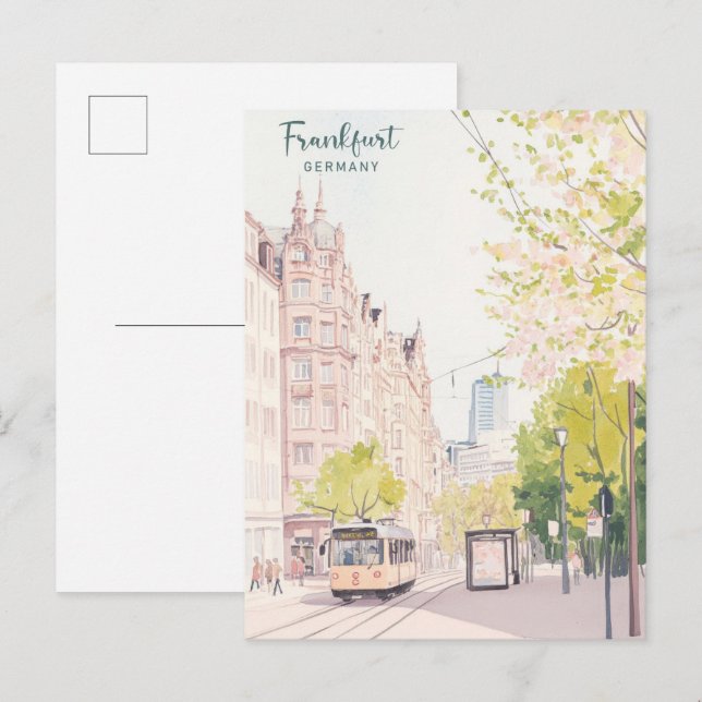 Frankfurt Tyskland Gouache Art Illustration Travel Vykort (Fram/baksida)