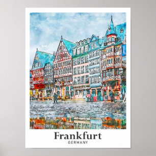 Frankfurt Tyskland Travel Watercolor Hand plockade Poster