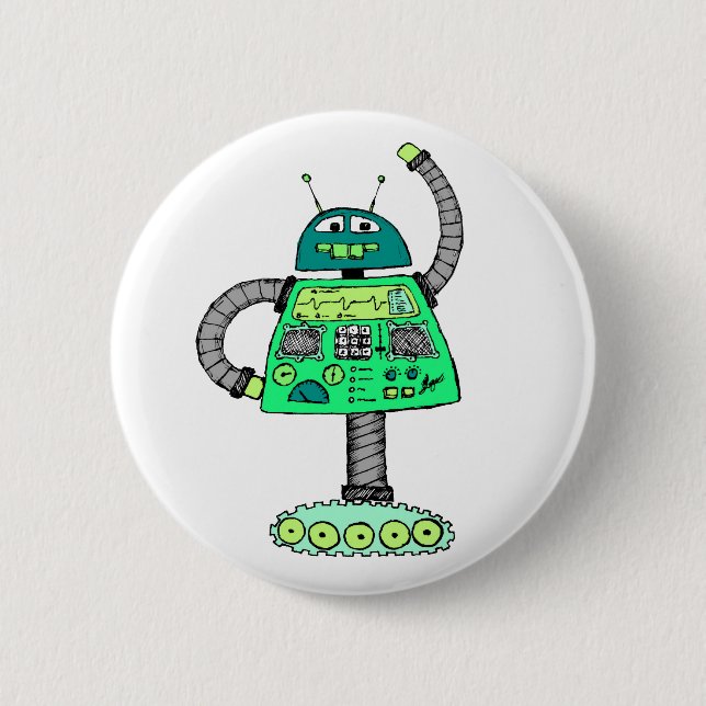 Frankie robot, grönt på vit. knapp (Framsida)
