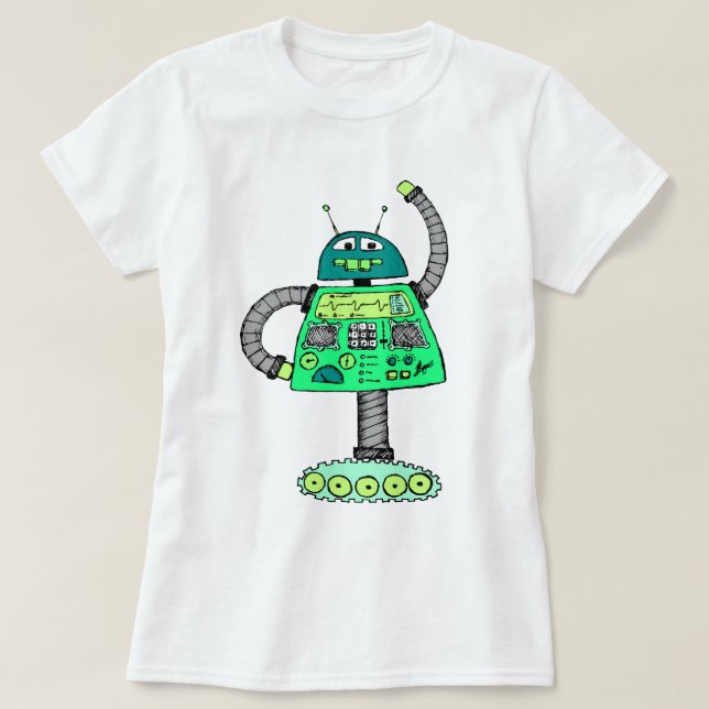 Frankie robot, grönt på vit. tröja (Design framsida)