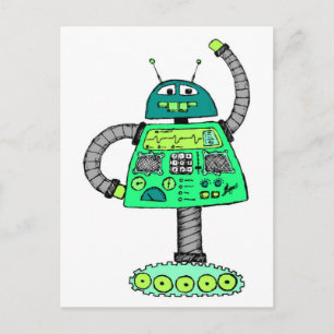 Frankie robot, grönt på vit. vykort