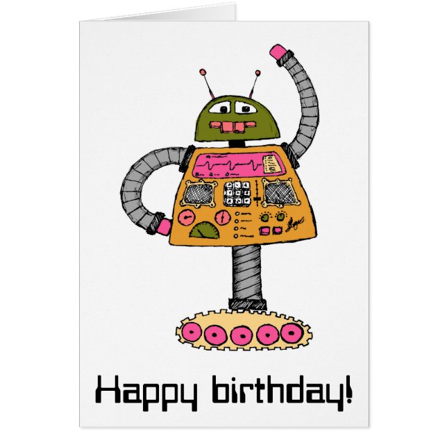 Frankie robot, orange på vit. hälsningskort (Framsidan)