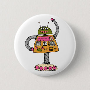 Frankie robot, orange på vit. knapp