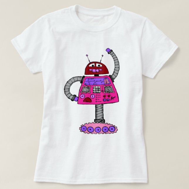 Frankie Robot: Rosa på vita T Shirt (Design framsida)