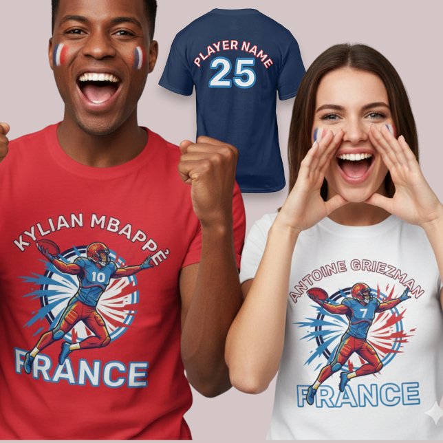 Frankrike Fotboll Dynamisk Quarterback Patriotisk  T Shirt (Use Personalized to change color/font.
Choose a color that matches the background color of shirt)