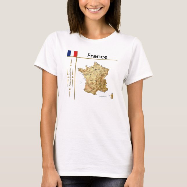 Frankrike Karta + Flagga + Titel T-Shirt (Framsida)