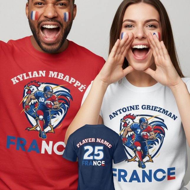 Frankrike Nationell Gridiron Fotboll Dynamisk Tupp T Shirt (Use Personalized to change color/font.
Choose a color that matches the background color of shirt)