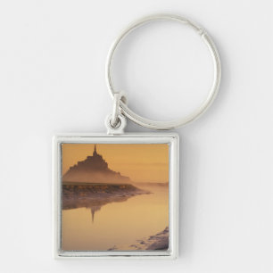 FRANKRIKE, Normandie Mont St. Michel. Morgonljus Fyrkantig Silverfärgad Nyckelring