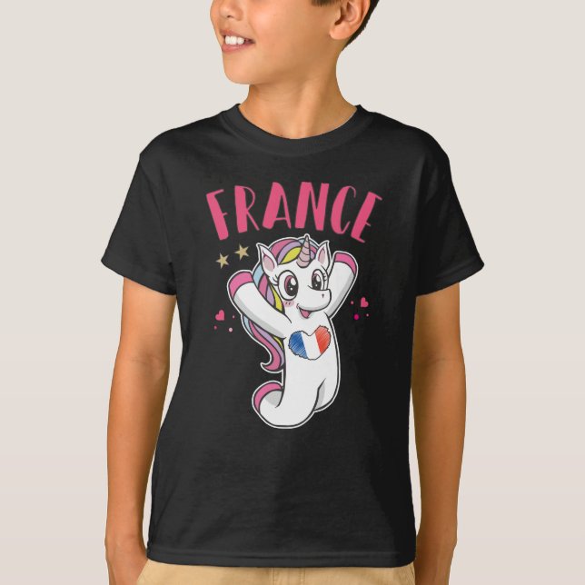 Frankrike Ocer Fläkt Unicorn med hjärta flagga T Shirt (Framsida)