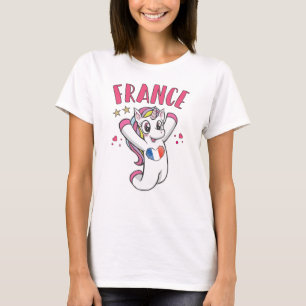 Frankrike Ocer Fläkt Unicorn med hjärta flagga T Shirt