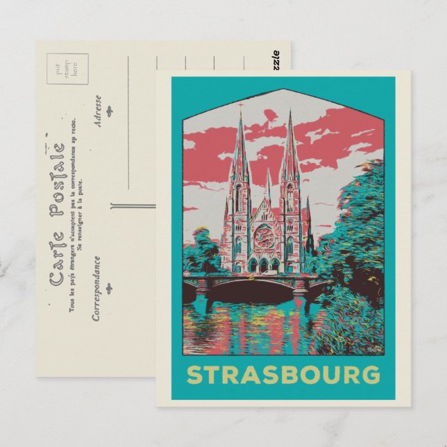 Frankrike Post i Strasbourg St Paul Church illustr Vykort (Fram/baksida)