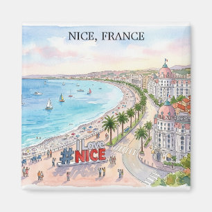 Frankrike Promenade des Anglais Akvarell Konst Magnet