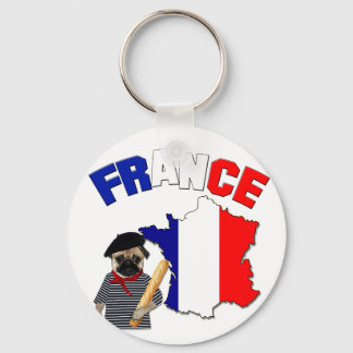 Frankrike - Pug with baguette - Keychain Nyckelring