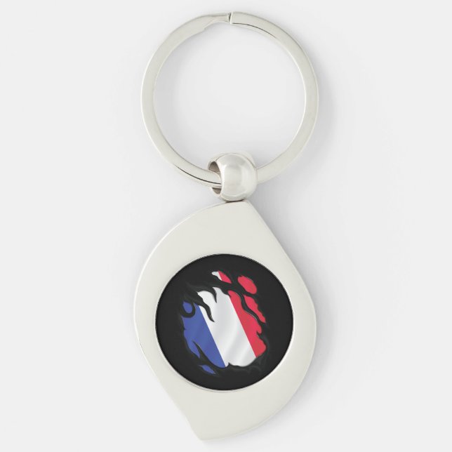 Frankrike Rippad Flagga Swirl Silverfärgad Nyckelring (Framsidan)