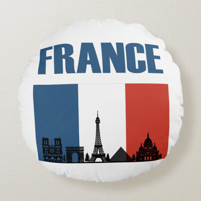 Frankrike Travel - Paris City Skyline Fransk Flagg Rund Kudde (Framsidan)