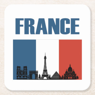 Frankrike Travel - Paris City Skyline Fransk Flagg Underlägg Papper Kvadrat