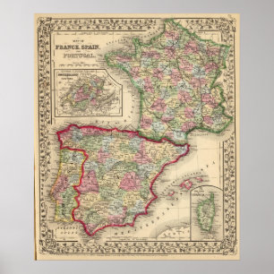 Frankriken Spanien, Portugal karta av Mitchell Poster