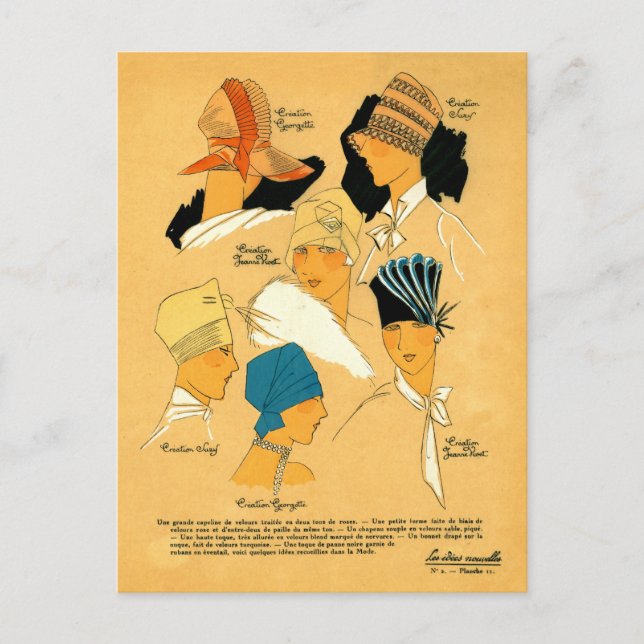 fransk 1920-talets kvinnohattar i snyggten elegant vykort (Framsida)