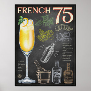 Fransk 75 Kocktail Recipe Chalkboard Pub Art Poster