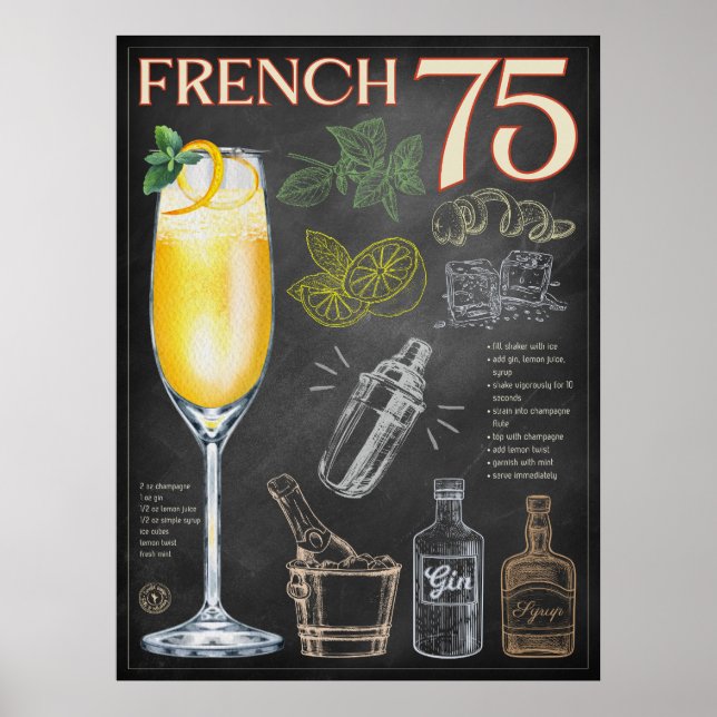 Fransk 75 Kocktail Recipe Chalkboard Pub Art Poster (Framsidan)