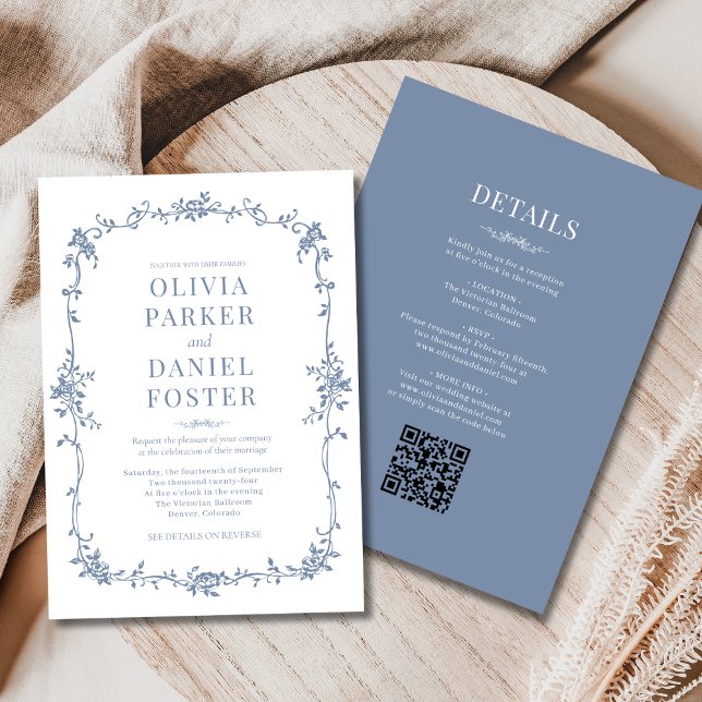 Fransk alla i en Victorian Dusty Blue Bröllop Inbjudningar (Skapare uppladdad)