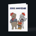 Fransk Animal Friends Joyeux Anniversaire Birthday Kort<br><div class="desc">Det här födelsedagskortet visar tecknad stil på en björn, en kanin och en pudel. De söta djuren är klädda i stil blå och vita strippiga skjortor i Fransk med röda kullar och nekerchiefs. Meddelandet på framsidan lyder "Joyeux Anniversaire" (Grattis på födelsedagen i Fransk) medan meddelandet på det här kortet är...</div>