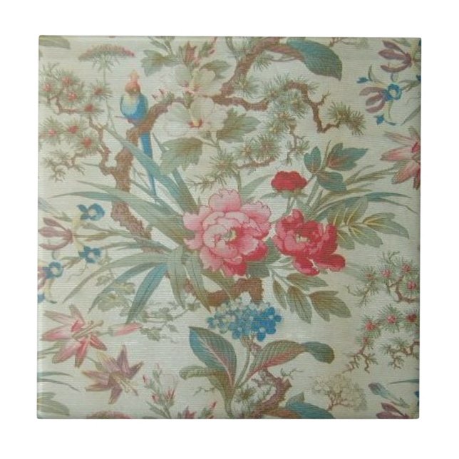 Fransk antik Toile fågel och blommor Kakelplatta (Framsidan)