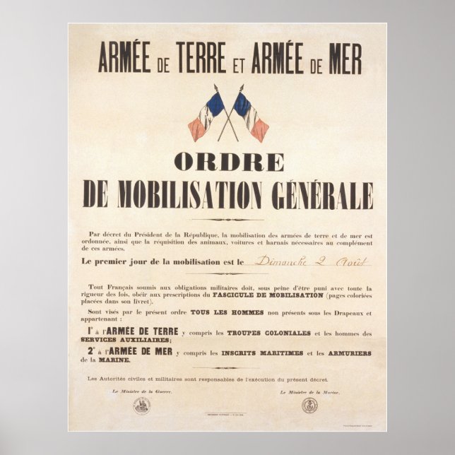 Fransk armén och flottan. Allmän mobiliseringsorde Poster (Framsidan)