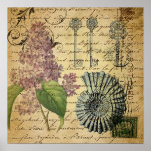 fransk av botanisk lila lilak av steampunk nycklar poster