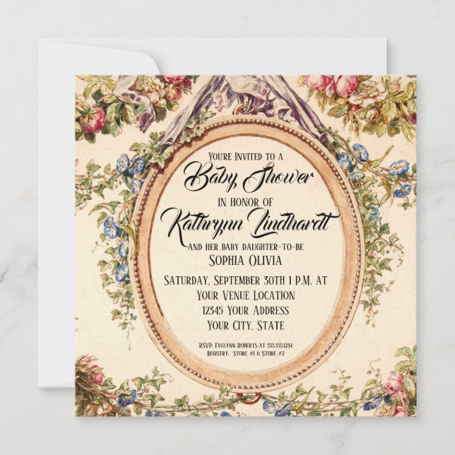 Fransk av kvadratisk Vintage Vattenfärg Ro Blommig Inbjudningar (Framsida)