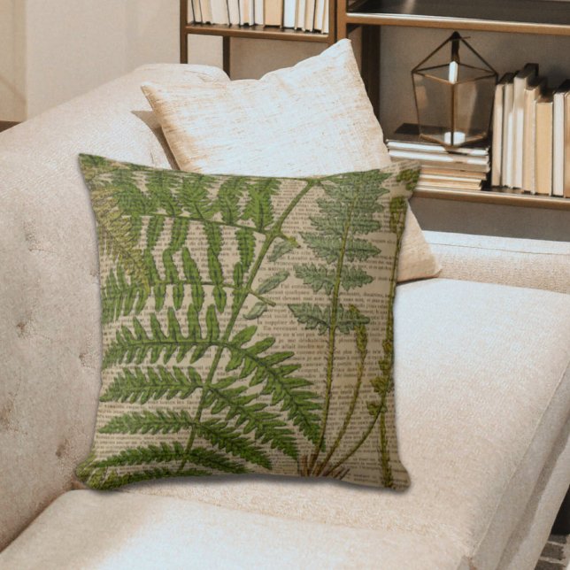fransk av lövblad, botaniskt tryckfat kudde (woodland foliage french botanical print fern throw pillow)