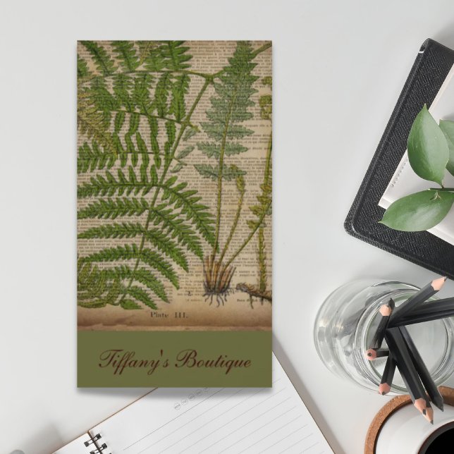 fransk av lövblad, botaniskt tryckfat visitkort (woodland foliage french botanical print fern business card)