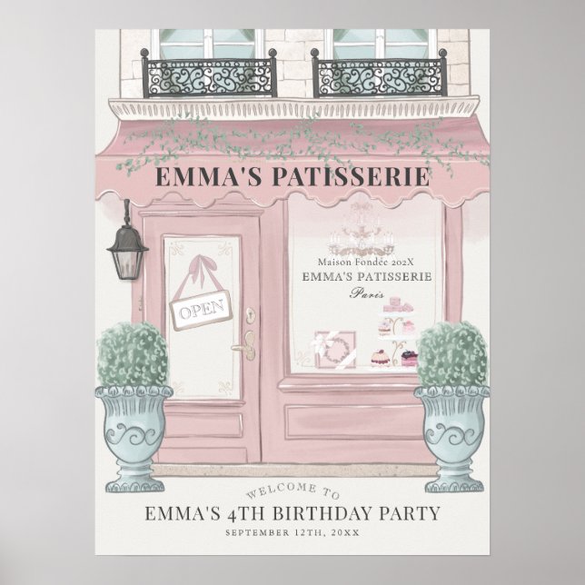 Fransk bakeri konditori rosa födelsedags välkomsts poster (Framsidan)