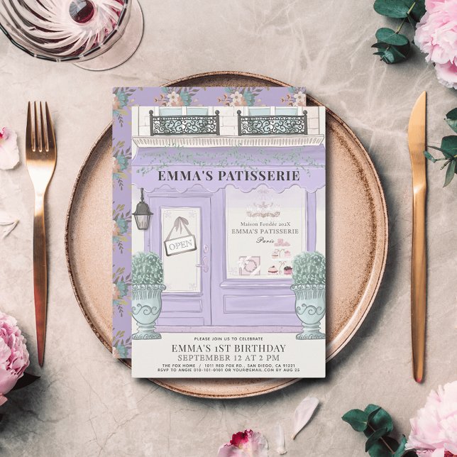 Fransk Bakery Paris Lavender 1:a födelsedag Inbjudningar (Skapare uppladdad)