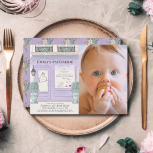 Fransk Bakery Paris Lavender 1:a födelsedagsfoto Inbjudningar