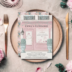 Fransk Bakery Patisserie Paris Rosa 1:a födelsedag Inbjudningar