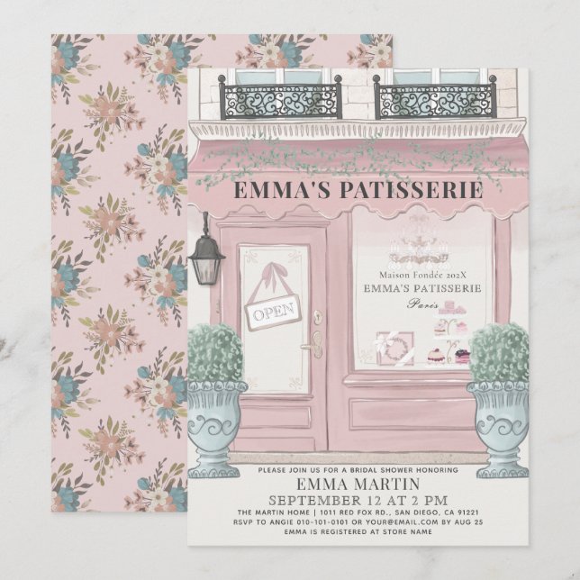 Fransk Bakery Patisserie Paris Rosa Möhippa Inbjudningar (Fram/baksida)