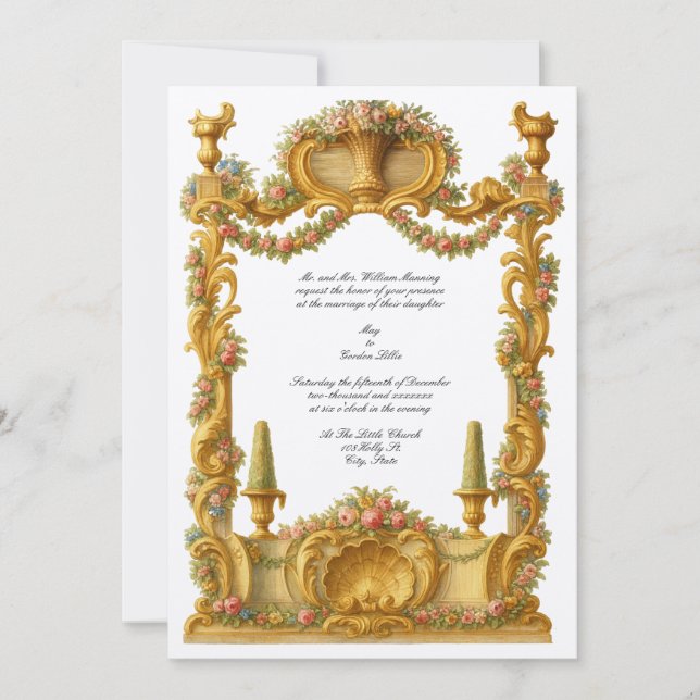 Fransk Barock Rokoko Färg Blommig Ram Inbjudningar (Framsida)