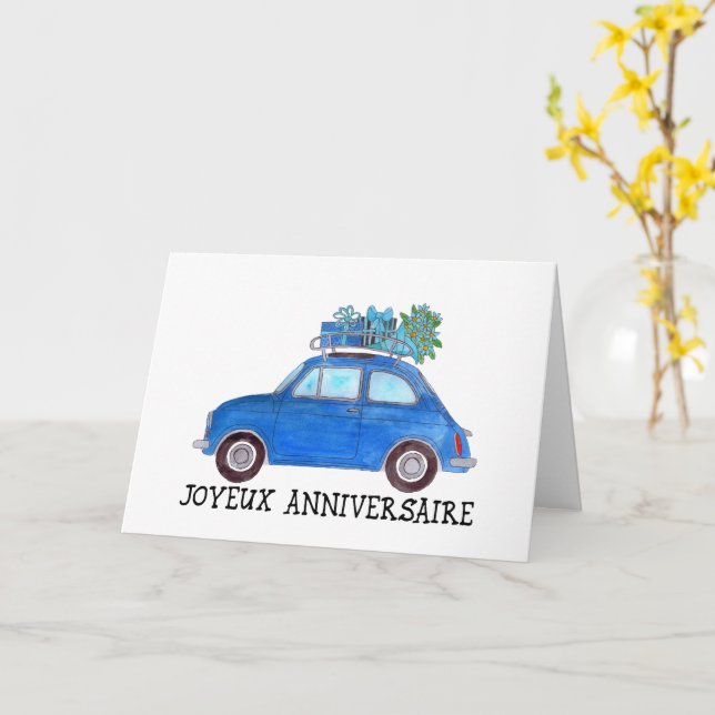 Fransk Birthday Retro Fiat 500 Kort (Gul blomma)
