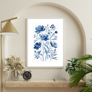 Fransk Blå Akvarell Blommor Botanik Poster