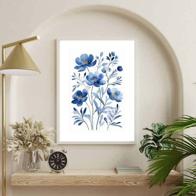 Fransk Blå Akvarell Blommor Botanik  Poster (French Blue Flowers Watercolor Florals Botanicals Wall art Poster Print. Printed or Digital Download)