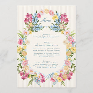 Fransk Blå Blommig Monogram Vårbröllop Meny