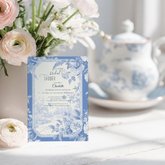 Fransk Blå Blommig Toile de jouy Bröllopsdusch Inbjudningar (Skapare uppladdad)