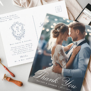 Fransk blå blomsterprydnad bröllopsfoto tack vykort