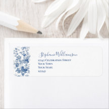 Fransk Blå Blomstertyg Toile Bröllops Returadress