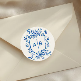 Fransk Blå Botanisk Vapen Bröllopsmonogram Runt Klistermärke