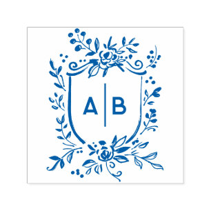 Fransk Blå Botanisk Vapen Bröllopsmonogram Självfärgande Stämpel