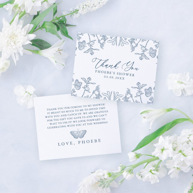 Fransk Blå Chinoiserie Blommig Bröllopsfest Taller Tack Kort (Skapare uppladdad)