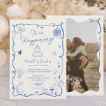 Fransk blå hand plockade illustrerade fotot bröllo inbjudningar<br><div class="desc">Fira kärlek förening med vår fantastiska Retro Fransk Blue Wedding-inbjudan! Den här handritade illustrerade Fransken av vintage är elegans och stollig, med ömtåliga bläckfiskar, vågigt kant ramar och innehåller komplicerade skisser av livsmedel och drycker. Från glasögon från vin till cocktails och löstagbara slitbanor, har de närmare bestämmelserna om hjärtslitande lett...</div>